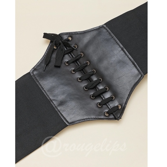 Black Corset Lace Up Wide Belt Leather Elastic - Picture 2 of 10